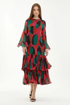 Shop for KoAi Multi Color Chiffon Layered Dress for Women Online at Aza Fashions Designer Multicolor Knee-length Midi Dress, Luxury Multicolor A-line Midi Dress, Layered Chiffon Dress, Color Abstract, Layered Dress, Frill Dress, Layer Dress, Black Abstract, Green And Black