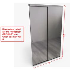 an open sliding glass door with measurements for the bottom and side doors on each side