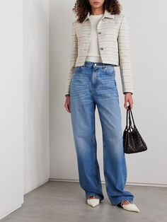 VALENTINO GARAVANI Cropped embellished cotton-blend tweed jacket | NET-A-PORTER Cropped Tweed Jacket Outfit, White Cropped Jacket Outfit, White Tweed Jacket Outfit, Skirt And Loafers, Tweed Jacket Outfit, Floral Dresses Short, White Tweed, Jacket Outfit, Swimsuit Dress