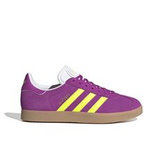 adidas Originals Gazelle "Purple Burst/Solar Yellow/Off-White" Women's Shoe - Hibbett | City Gear Purple Sneakers With Boost Midsole For Spring, Purple Sneakers With Rubber Sole For Spring, Spring Purple Sneakers With Boost Midsole, Sporty Purple Sneakers With Gum Sole, Purple Sneakers For Sports In Spring, Purple Sporty Sneakers With Vulcanized Sole, Purple And Yellow Outfit, Purple Adidas Sneakers, Purple Adidas Sneakers With Round Toe