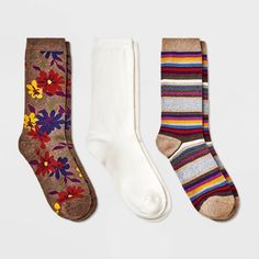 Give comfort to your feet with the Women's Floral & Striped 3pk Crew Socks from A New Day™ in Brown Heather/Ivory 4-10. Designed with flat seams making it ideal for women on the go. Crafted from a blend of recycled polyester, nylon and spandex, these socks provide the perfect stretch and fit. The lightweight knit fabric ensures all-day comfort, while the crew length socks keep them securely in place. A New Day™: Style that goes wherever you do. Sock Packs, Cute Socks, Athletic Socks, Fall Shoes, Floral Stripe, Lightweight Knit, Socks And Hosiery, A New Day, Socks Women