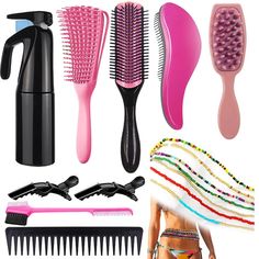 PRICES MAY VARY. 【9 in 1 Detangling Brush Set】: This curly hair brush set includes 1 x detangling hair brush, 1 x spray bottle for hair, 1 x 9 row styling nylon detangler brush, 1 x detangling brush for wet, 12pcs african waist beads, 1 x shampoo brush, 1 x wide tooth comb, 1 x double side edge brush and 2 x alligator hair clips. The best detangling brushes for natural hair can meet your different hair care needs to make washing days easier. 【Detangling Brush and 9-Row Styling Brush】 : This deta Tools For Curly Hair, Curly Brush, Best Detangling Brush, Detangle Brush, Super Curly Hair, Edge Brush, Curly Hair Brush, Detangler Brush, African Waist Beads