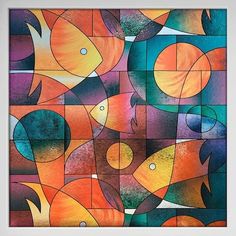 an abstract painting with fish and circles in orange, blue, green, yellow and purple colors