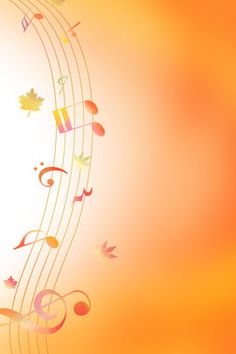 an abstract music background with musical notes and autumn leaves in the foreground, against a bright orange sky