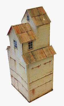 a small wooden house with two windows on the roof