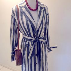 Smart & Classy J.O.A. For Anthropologie Blue & White Dress . Button Down The Front Tie At The Waist . Long Sleeves Tie At The Wrist Of Sleeves Bust Us 20 Inches Across Length Is 44 Inches Long New With Tags ! Chic Striped Linen Dress, Chic Striped Button-up Dresses, Chic Striped Dress With Button Closure, Striped Dress With Button Closure For Day Out, Black Tiered Skirt, T Shirt Knot, Kelly Green Dresses, Blue White Dress, Crochet Midi Dress