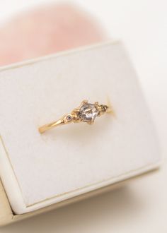 This one-of-a-kind ring features ethically sourced salt & pepper diamonds. Materials & Measurements: American-sourced recycled 14k yellow gold. Rosecut, .42ct (5.9mmx4.4mmx1.9mm) Australian salt & pepper diamond. Two flush set melee australian salt & pepper diamonds. Size 6.75. Sizing: Ready to ship in size 6.75. Need it resized? Email lackadazee@gmail.com. Details: Crafted in Louisville, Kentucky using sustainable practices. There is a 4 week lead time on all orders, regardless of chosen shippi Recycled Gold Promise Ring With Rose Cut Diamonds, Recycled Gold Diamond Ring With Rose Cut For Promise, Rose Cut Diamond Promise Ring In Recycled Gold, Recycled Gold Rings With Rose Cut Diamonds For Promise, Promise Ring With Rose Cut Diamonds In Recycled Gold, Salt Pepper Diamond, Rosecut Diamond Ring, Pepper Diamond, Louisville Kentucky