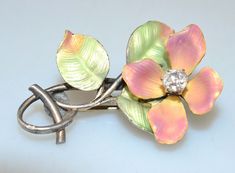 ANTIQUE ART NOUVEAU STERLING SILVER ENAMEL 3D FLOWER PIN W/ .30 MINE CUT DIAMOND | eBay Free Sign, Flower Pins, Peachy Pink, Enamel Jewelry, Silver Enamel, Flower Petals, Antique Art, Vintage Watches, Favorite Things List