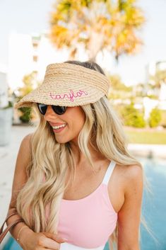 This stylish straw visor makes the perfect accessory to improve your look for any sunny outings. Personalize it with your preferred colors and monogram for a unique touch that's sure to make a statement. You'll be able to easily recognize yours among the rest! Enjoy the sunshine in style.

Hat Details:

Beige straw Visor
4" Brim
Adjustable Velcro back Embroidery Guide, Bachelorette Hats, Baby Sun Hat, Girl Boss Style, Enjoy The Sunshine