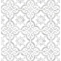 a gray and white wallpaper with an intricate design