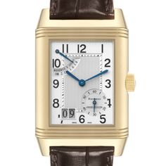 Jaeger LeCoultre Reverso Grande Date 8 Day Yellow Gold Watch 240.1.15 Q3001420. Manual winding movement. Rhodium-plated, fausses cotes decoration, straight line lever escapement, monometallic balance, shock-absorber, self-compensating flat balance-spring, micrometer regulator, double spring-barrels. 18K Yellow gold 47.0 x 29.0 mm rectangular rotating case. Transparent exhibition sapphire crystal case back. 18K yellow gold reeded bezel. Scratch resistant sapphire crystal. Silver guilloche dial wi Timeless Formal Watches With Day-date Display, Classic Formal Watch With Day-date Display, Classic Formal Watches With Day-date Display, Classic Formal Watch Accessories With Day-date Display, Yellow Gold Watch With Date Display And Rectangular Dial, Formal Yellow Gold Watches With Day-date Display, Formal White Watch Accessories With Day-date Display, Classic Watch Accessories With Day-date Display For Anniversary, Classic Yellow Gold Watch With Day-date Display