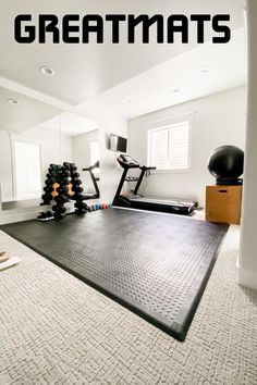 Greatmats black staylock bump top tiles installed over white carpet in home gym Home Gym Floor Over Carpet, Closet And Workout Room, Home Pilates Studio Design, Girly Home Gym, Workout Corner In Bedroom, Home Gymnastics Room, Home Gym Carpet, House Gym Room, Gym And Office Room Ideas