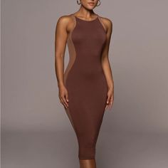 Nwt Chocolate Dress With Mesh Sides Size Small Elegant Brown Midi Bodycon Dress, Elegant Brown Bodycon Dress For Date Night, Brown Midi-length Bodycon Dress For Evening, Brown Midi Length Bodycon Dress For Evening, Elegant Brown Bodycon Dress, Chic Fitted Brown Midi Dress, Fitted Brown Midi Dress, Brown Knee-length Midi Dress For Night Out, Chic Brown Fitted Midi Dress