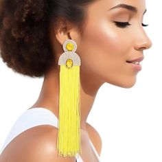 Tassel Yellow Long Vintage Glam Earrings for Women Glam Earrings, Orange Crystals, Head Chain, Vintage Glam, Beaded Cuff, Bangle Bracelets With Charms, Fashion Jewelry Earrings, Earrings Long, Wire Earrings