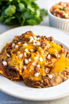 an enchilada on a white plate next to a bowl of salsa and cilantro