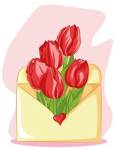 a bunch of red tulips in an open envelope with a heart on it