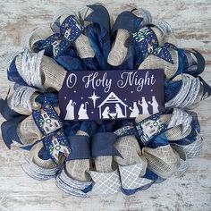 This O Holy Night wreath will make a wonderful addition to your indoor or outdoor home decor or a thoughtful gift for that special person or a special occasion. Use it for your own Christmas decor or as a housewarming gift. YOUR O HOLY NIGHT WREATH: Ready to Ship piece - see Processing below Approximately 24 inches round Made with premium blue and white mesh. Attached centerpiece (that is removable) Church Christian, Jesus Christmas, Christmas Jesus, O Holy Night, Wreath Bow, Holy Night, Front Door Wreath, Christmas Bows, White Mesh