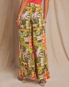 High rise Wide leg Satin fabrication Tropical print Drawstring waist Side pockets 100% Polyester Wide Leg Pant, Printed Drawstring, Tropical Print, Trending Now, Ibiza, Drawstring Waist, Wide Leg Pants, Wide Leg, High Rise