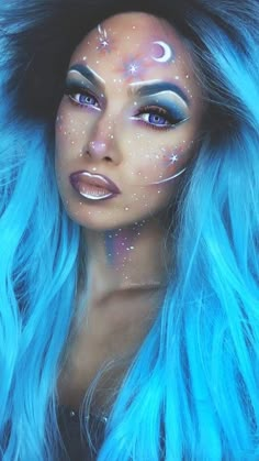 Blue Galaxy Makeup, Galaxy Makeup Tutorial, Space Theme Makeup, Moon Fairy Costume, Astronaut Makeup, Space Makeup Alien, Space Girl Makeup