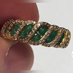 Natural Emerald Approx. .75 Ctw With .10 Ctw In Diamond Accents, Set In Solid 14k Gold. Size 7-7.25 Round Emerald Ring With Pave Diamond Setting, Diamond Emerald Ring With Pave Setting, Exquisite Green Jewelry With Pave Setting, Round Multi-stone Diamond Emerald Ring, Exquisite Multi-stone Emerald Diamond Ring, Exquisite Diamond Emerald Ring With Pave Setting, Exquisite Pave Setting Emerald Anniversary Ring, Emerald Ring With Diamond Pave Setting For Anniversary, Emerald Diamond Ring With Pave Setting For Anniversary