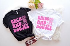 two shirts that say bride and bougie next to a bottle of booze