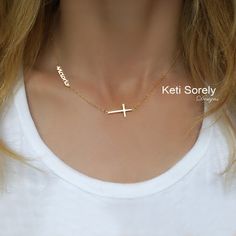 "Customize this beautiful name necklace with name of your choice and it will be handcrafted just for you. Add sideways cross for more meaningful gift.  Choose between Sterling silver, Solid Gold or 14K Gold Filled. Perfect and affordable gift for birthdays, graduation, valentines' day, Christmas and etc.  Also it will be perfect addition to you spring, summer/beach collection. Metal: * Sterling Silver * Yellow Gold over Sterling Silver * Rose Gold over Sterling Silver *14K Yellow Gold-Filled  *1 Cross-shaped Name Jewelry For Anniversary, Anniversary Jewelry With Name And Cross Shape, Customizable Gold Cross Jewelry, Name-engraved Cross Jewelry For Anniversary, Cross Pendant Jewelry With Name For Gift, Personalized 14k Gold Cross Pendant Necklace, Gold Cross Necklace For Personalized Gift, Name-engraved Cross Pendant Jewelry Gift, Personalized Cross Necklace In Gold