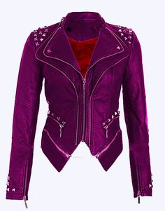 New Purple Color Silver Studded Punk Designed Cowhide Leather Jacket For Women's on Storenvy Spring Party Biker Jacket With Rivets, Gothic Leather Jacket With Rivets For Party, Trendy Party Biker Jacket With Rivets, Fitted Gothic Leather Jacket For Parties, Trendy Biker Jacket With Rivets For Party, Gothic Long Sleeve Leather Jacket For Party, Pink Punk Biker Jacket With Long Sleeves, Pink Punk Biker Jacket For Winter, Pink Winter Biker Jacket For Party