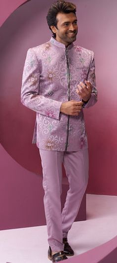 Pink and Majenta color Jodhpuri Suit in Rayon fabric with Embroidered, Printed work Festive Pink Unstitched Suit For Reception, Pink Chanderi Sherwani For Eid, Festive Pink Chanderi Sherwani, Bollywood Style Pink Bandhgala With Chikankari Embroidery, Multicolor Cutdana Salwar Kameez For Reception, Pink Unstitched Suit With Zari Work For Reception, Ceremonial Sherwani With Traditional Drape And Motifs, Traditional Pink Unstitched Suit For Reception, Ceremonial Sherwani With Traditional Motifs