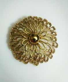 Vintage Mid Century Crown Trifari Round Flower Brooch/ Pin Gold 2" #Trifari Gold Party Brooches With Flower Decoration, Gold Brooch With Flower Decoration For Formal Occasions, Gold Flower Brooch For Party, Gold Flower Brooches For Party, Gold Flower-shaped Brooch With Floral Decoration, Gold Glow, Trifari Jewelry, Vintage Crown, Round Flower