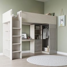 a bedroom with a loft bed, desk and bookcase on the floor in front of it