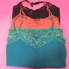 Teal And Fusia Camis Are Rue21 Brand. Both Are Nwot! Never Worn! Teal Is Trimmed Top And Bottom With Lace And Sequins! Fusia Is Trimmed Top And Bottom With Lace! Black Is No Boundries Brand. Gently Worn Only Once! Trimmed Top And Bottom With Lace! From Non Smoking Home 2000s Party, Hot Season, 2000s Clothes, Dream Style, Trim Top, Cute Fits, Rue21, Soul Food, Fancy Dresses