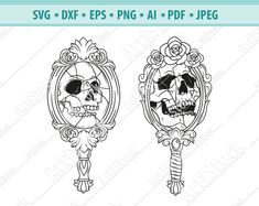 two skull mirrors with roses on them