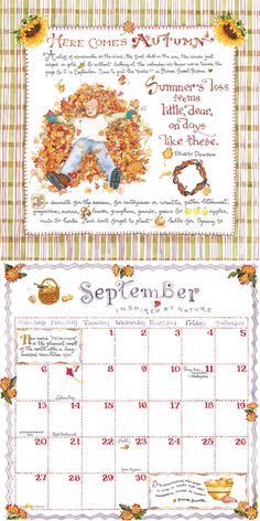 a calendar with an image of a child in the fall leaves and sunflowers