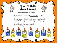 an orange and blue poster with words that read,'n & k rules glued sounds