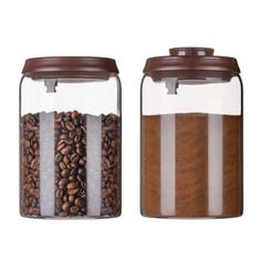 two glass jars filled with different types of coffee beans