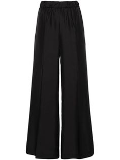 Chic Formal Viscose Pants, Chic Silk Wide-leg Bottoms, Chic Silk Wide-leg Pants, Sleek Silk High-waisted Wide Leg Pants, High-waisted Silk Pants With Elastic Waistband, Sleek Wide-leg Silk Pants, High-waisted Silk Bottoms With Elastic Waistband, Formal Viscose Trousers, Silk High-waisted Pants With Elastic Waistband