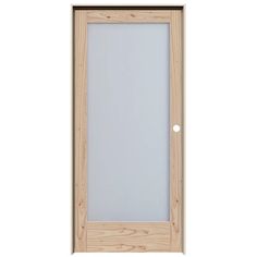 a wooden door with frosted glass on the front and side panels, in light wood