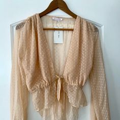 Peachy/Nude Colored Sheer Blouse With Gathered Waste, Low Neck Tie Front. Feminine Long Sleeve Apricot Blouse, Feminine Peach V-neck Blouse, Chic Peach Long Sleeve Tops, Chic Long Sleeve Peach Top, Peach Feminine Blouse For Day Out, Feminine Peach Blouse For Day Out, Chic Peach Tops For Brunch, Elegant Summer Blouse In Apricot, Elegant Apricot Summer Blouse