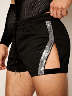 Black  Collar  Woven Fabric  Track Shorts Embellished Slight Stretch  Men Clothing Black Summer Bottoms With Contrast Sequin, Black Contrast Sequin Summer Bottoms, Black Contrast Sequin Bottoms For Summer, Black Sequined Bottoms For Night Out, Summer Club Bottoms With Sequins, Fitted Bottoms With Contrast Sequin For Club, Stretch Sequin Shorts, Stretch Sequin Bottoms For Club, Stretch Sequin Short Bottoms