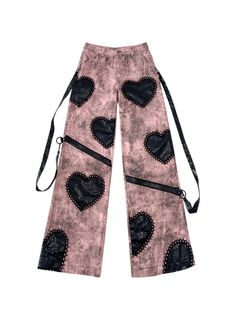 Elevate your alternative fashion game with our Black Heart Applique Pink Gothic Punk Wide Leg Jeans with Zips. These standout jeans feature a striking pink hue adorned with edgy black heart appliques, embodying a rebellious yet stylish vibe. The wide-leg design offers a comfortable and relaxed fit, perfect for making a bold statement. The zips add a touch of punk flair, enhancing the overall aesthetic.   Garment Size   	 		 			Size 			S 			M 			L 		 		 			Full Length 			103 			105 			107 Emo Bottoms For Spring Streetwear, Edgy Pink Cotton Bottoms, Pink Punk Bottoms For Spring, Fitted Pink Punk Bottoms, Pink Punk Style Fitted Bottoms, Fitted Pink Punk Style Bottoms, Trendy Pink Bottoms With Heart Print, Trendy Pink Heart Print Bottoms, Cool Girl Fashion