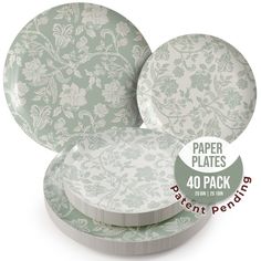 paper plates with floral designs on them are shown in three different colors and sizes, including green