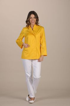 This Lazise women's top features offset hidden snaps and a close fit, with a mandarin collar that can be styled open or closed. It also includes one hip pocket and one small breast pocket, perfect for holding pens. Made from 100% Levantine long staple cotton, this top exudes classic elegance. Yellow Blouse With Pockets, Yellow Workwear Tops With Pockets, Women's Lab Coats, Men's Lab Coat, Lab Coats, Fabric Sale, Professional Women, Free Embroidery, Sea Foam