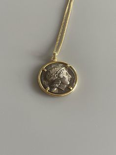 Lovely Greek Coin Pendant set in 14k Gold with 14k Gold Herringbone Style Chain. Greek Coin Pendant, Coin Necklace Gold, Gold Coin Necklace, Greek Coins, Herringbone Chain, Coin Pendant Necklace, Coin Necklace, Coin Pendant, Dream Jewelry