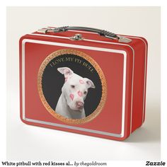 a blue lunch box with a white dog on it's side and the words, i love my pitbull