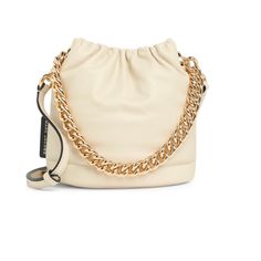 A Glimmering Chain Shines Against The Grained Leather Of A Stylish Bucket Bag That Upgrades Your Everyday Ensemble. 6.81" X 4.84" X 6.69" Flat Base For Stability Leather Modern Gold Bucket Bag For Formal Occasions, Modern Gold Bucket Bag For Evening, Modern Gold Evening Bucket Bag, Trendy Gold Leather Bucket Bag, Gold Bucket Bag With Detachable Handle For Evening, Elegant Bucket Evening Bag With Gold-tone Hardware, Formal Gold Bucket Bag With Detachable Strap, Trendy Gold Bucket Bag With Removable Pouch, Chic Gold Bucket Bag For Evening