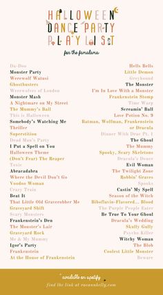 the halloween dance party play list is shown in yellow and orange colors, with words above it