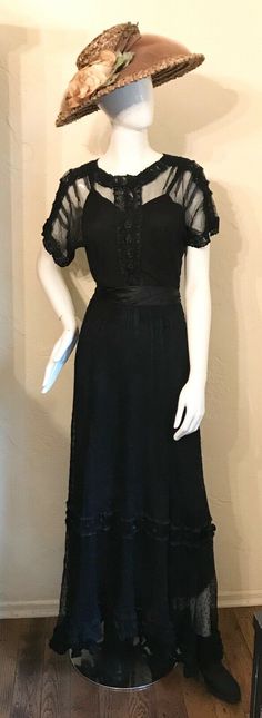 ANTIQUE Victorian Edwardian Black Net Lace Mourning Dress 2 Pc Dress | eBay Black Victorian Dress With Fitted Bodice, Fitted Vintage Black Dress With Lace Trim, Fitted Black Vintage Dress With Lace Trim, Black Victorian Dress With Fitted Bodice For Evening, Elegant Victorian Dress With Lace Trim For Evening, Elegant Victorian Evening Dress With Lace Trim, Victorian Dress With Lace Trim For Evening, Victorian Evening Dress With Lace Trim, Regency Style Black Evening Dress