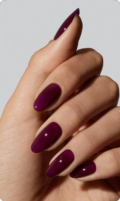 Pointy Purple Nails, Grape Color Nails, Gel Nail Inspo Fall, Purple Wine Nails, Plum Nails With Design Fall, Wine Purple Nails, Plum Colored Nails, Dark Acrylic Nails, Dark Purple Nails