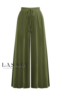 Lasaky - Stylish Relaxed Fit Wide Leg Pants with Side Slit and Adjustable Drawstring - Classic Solid Color Casual Wide Leg Pants, Summer Pants, Type Of Pants, Pants Pattern, Side Split, Drawstring Pants, Hip Length, Cotton Style, Tube Top