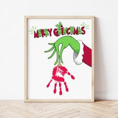 Grinch Craft | Grinch Handprint Art | Ollie + Hank Holiday Art Toddlers, Grinch Digital Art, Christmas Canvas Art With Kids, Christmas Wreath Handprints, Kids Christmas Crafts Canvas, Christmas Crafts With Canvas, Gingerbread Man Handprint Art, Grinch Footprint Craft, Christmas Canvas For Kids To Make